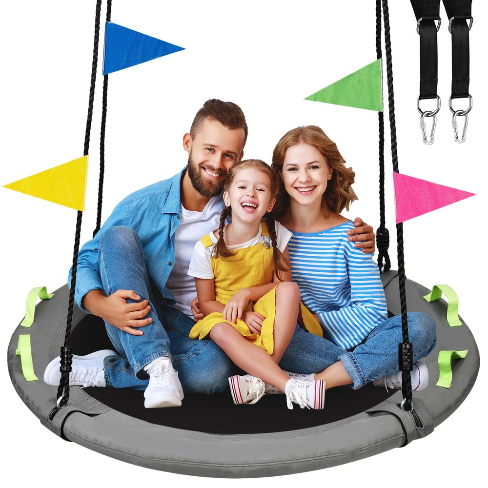 48 inch Tree Swing, Larger Saucer Flying Swing for Whole Family, 900lbs Weight Capacity, with Adjustable Hanging Straps, for Outdoor Playground, Gray