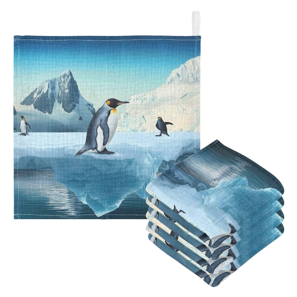 Flradish Baby Washcloths 5 Pack Pure Cotton Highly Absorbent and Soft Penguin Glacier Baby Towels Reusable Face Cloths Set - 12 x 12 Inches