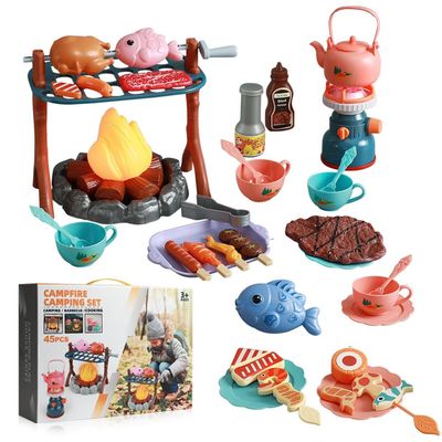 Pretend Play Campfire Toy Set with 45pcs Realistic BBQ Accessories,Fake Grill Foods,Tea Pots etc,Simulate Functional Lights&Sounds,Educational Outdoor Camping Toys Indoor&Outdoor for Kids Ages 3+