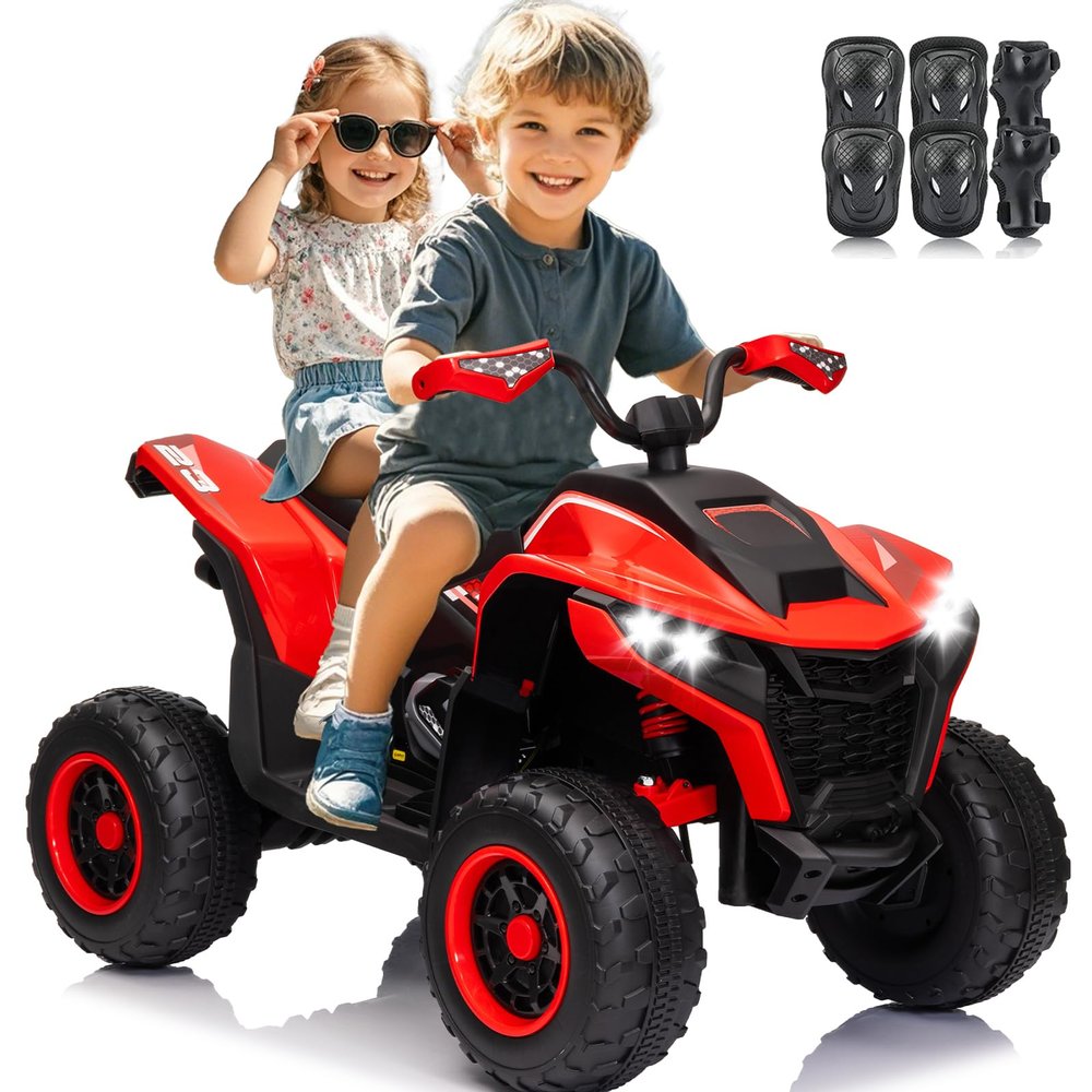 24V 2 Seater Kids ATV, VeezyGo 4WD Kids 4 Wheeler w/Powerful Motors, Kneepads, Bluetooth Music, LED Ligths, Oversized Shock Absorbers, Electric ATV for Kid, Boys Girls, Red