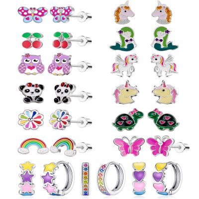 15 Pairs Stud Earrings Set :12 Pairs Unique Cartoon Flat Back Earrings Girls & 3 Pairs Mini Hoops with Stainless Steel Posts and Screwback Earring for Kids(B)