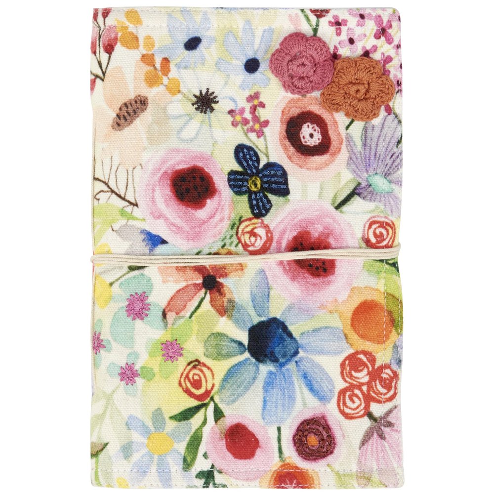 Primitives by Kathy Blooms Journal,quality vibrant hand illustrated floral bouquets on textured fabric knit flower accents Wrap around string closure, 48 unlined pages