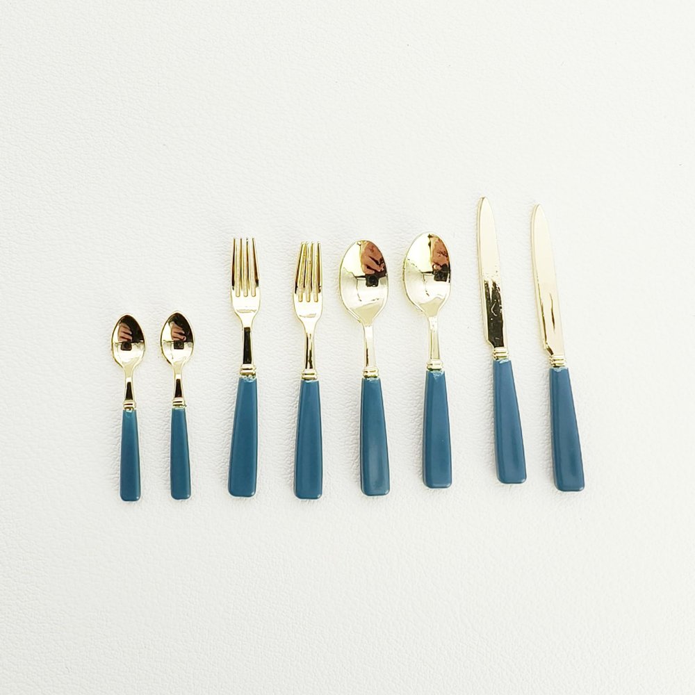 8pcs/Set 1:6 Scale Dollhouse Miniature mini Simulation Tableware Knife Fork Spoon,Dinner Set Model,bjdob11blythegsc Kitchen Accessories (Blue)