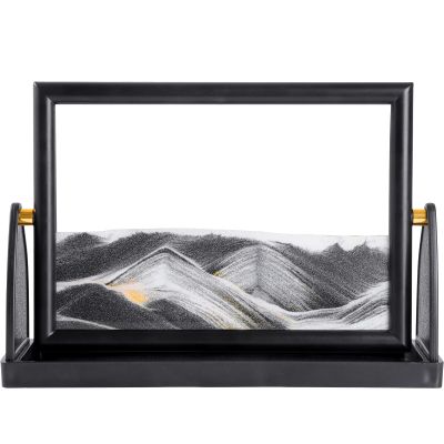 BOLGRLONG Moving Sand Art Liquid Motion 3D Dynamic Mountains Sandscape Painting, Square Glass Sands Painting with Easy-Flip Stand, Sensory Relaxing Decor for Home and Office (9") (Black)