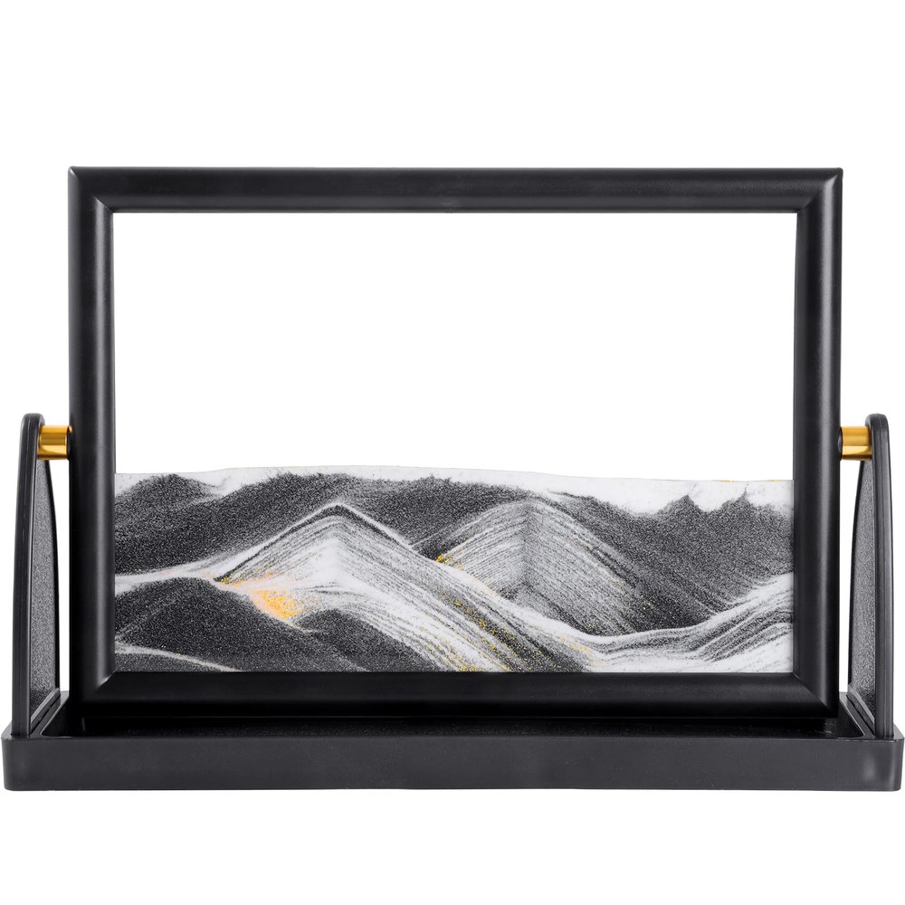 BOLGRLONG Moving Sand Art Liquid Motion 3D Dynamic Mountains Sandscape Painting, Square Glass Sands Painting with Easy-Flip Stand, Sensory Relaxing Decor for Home and Office (9") (Black)