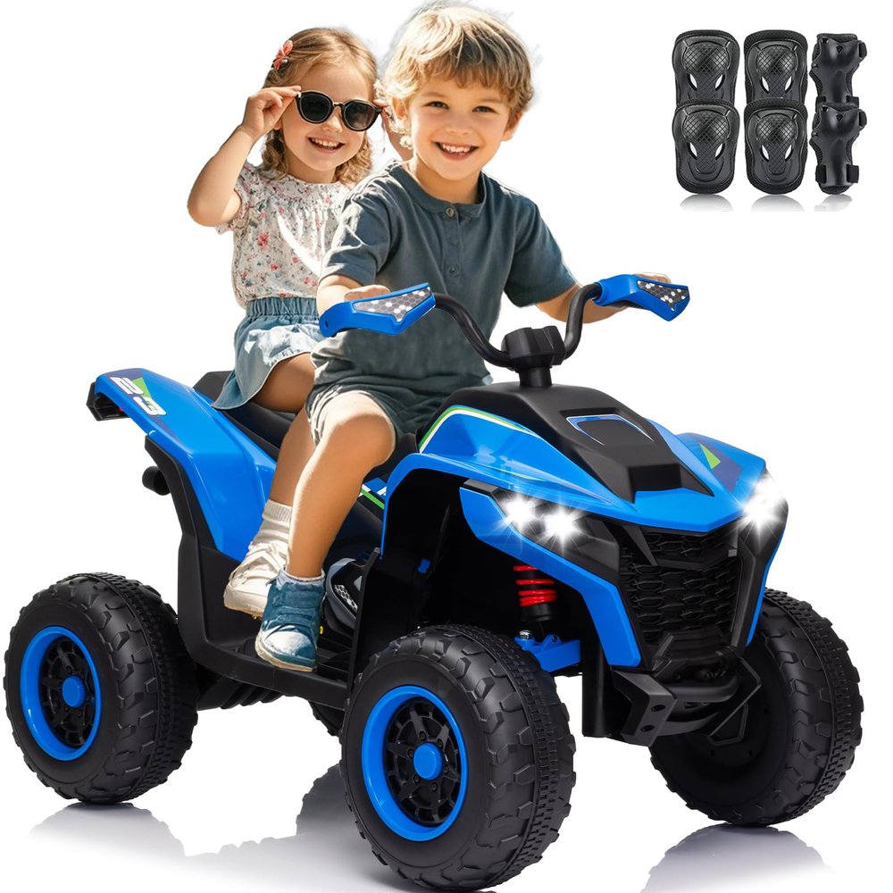 24V 2 Seater Kids ATV, VeezyGo 4WD Kids 4 Wheeler w/Powerful Motors, Kneepads, Bluetooth Music, LED Ligths, Oversized Shock Absorbers, Electric ATV for Kid, Boys Girls, Blue
