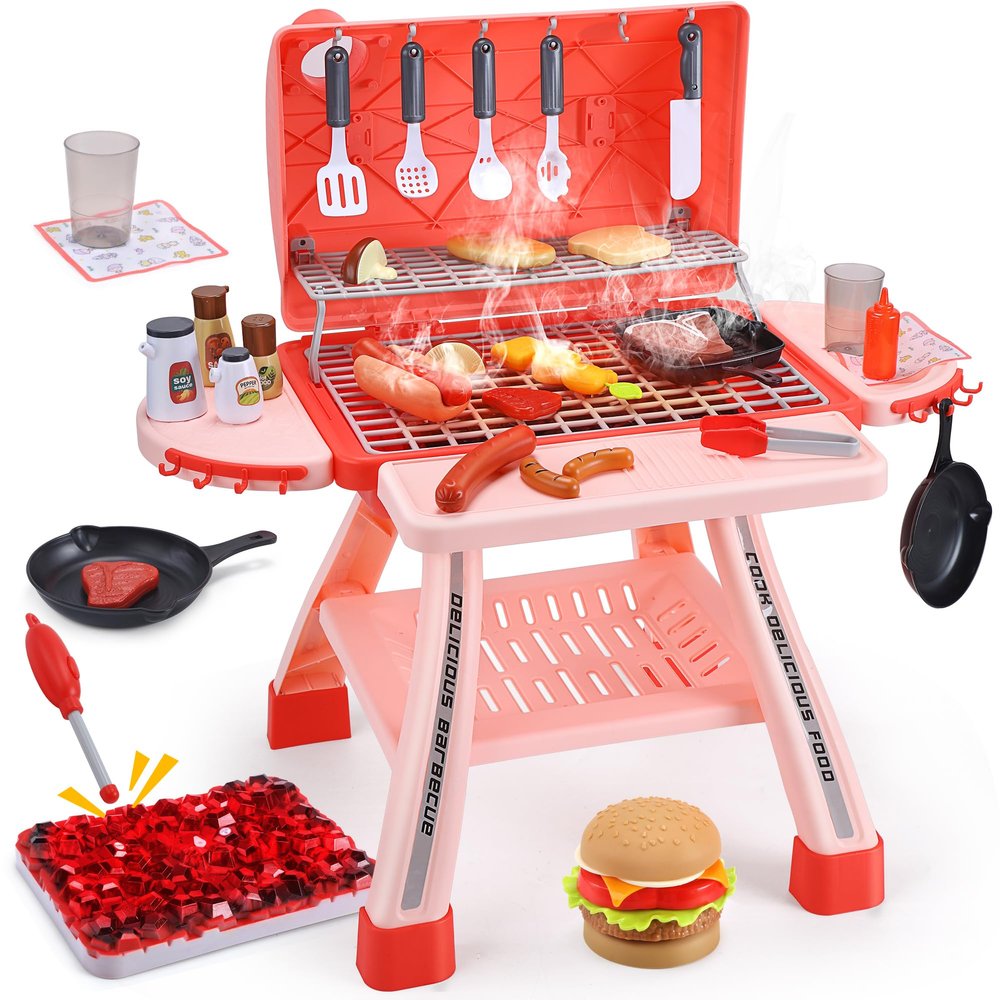CUTE STONE BBQ for Kids, Toddler Grill Playset with Sound, Lights & Cool Mist Spray, Kids BBQ Grill Set with Utensils & Food, Play Grill Outdoor Cooking Toy, Childrens BBQ for Boys & Girls Ages 3+