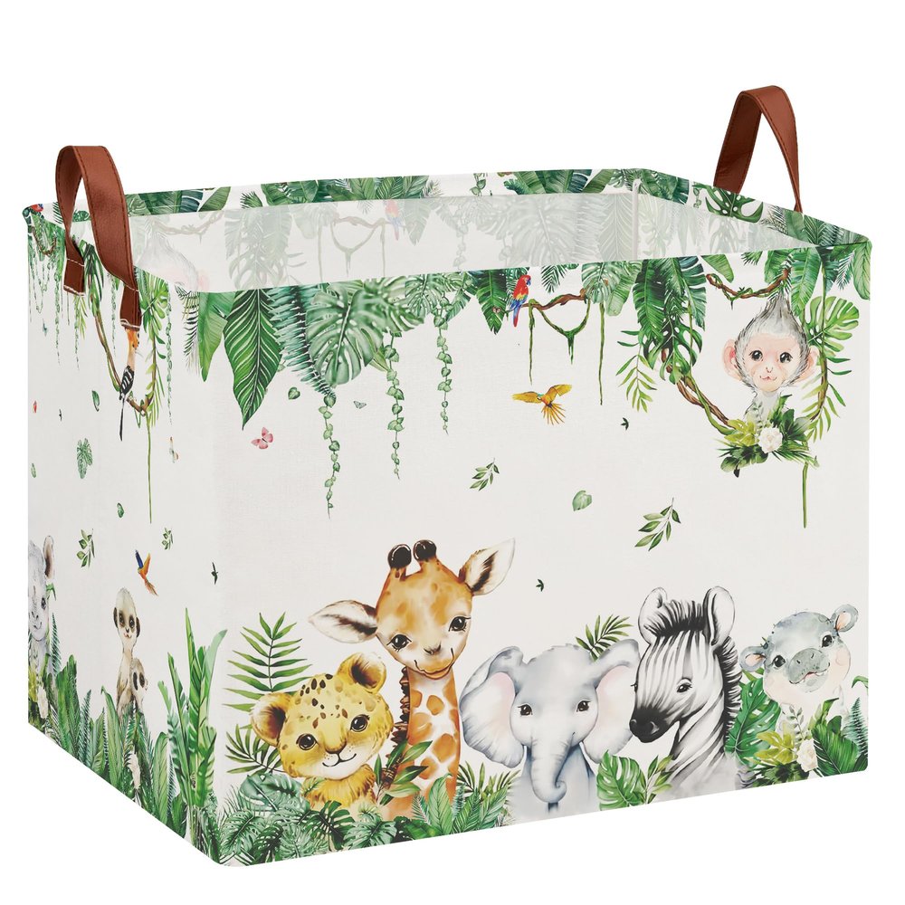 XHWZOF Jungle Safari Nursery Basket -Stackable and Collapsible Animal Basket Hamper ,Freestanding Kid Storage Bin Clothes Book Toy Organizer Bin ( Upgraded Metal Frames)