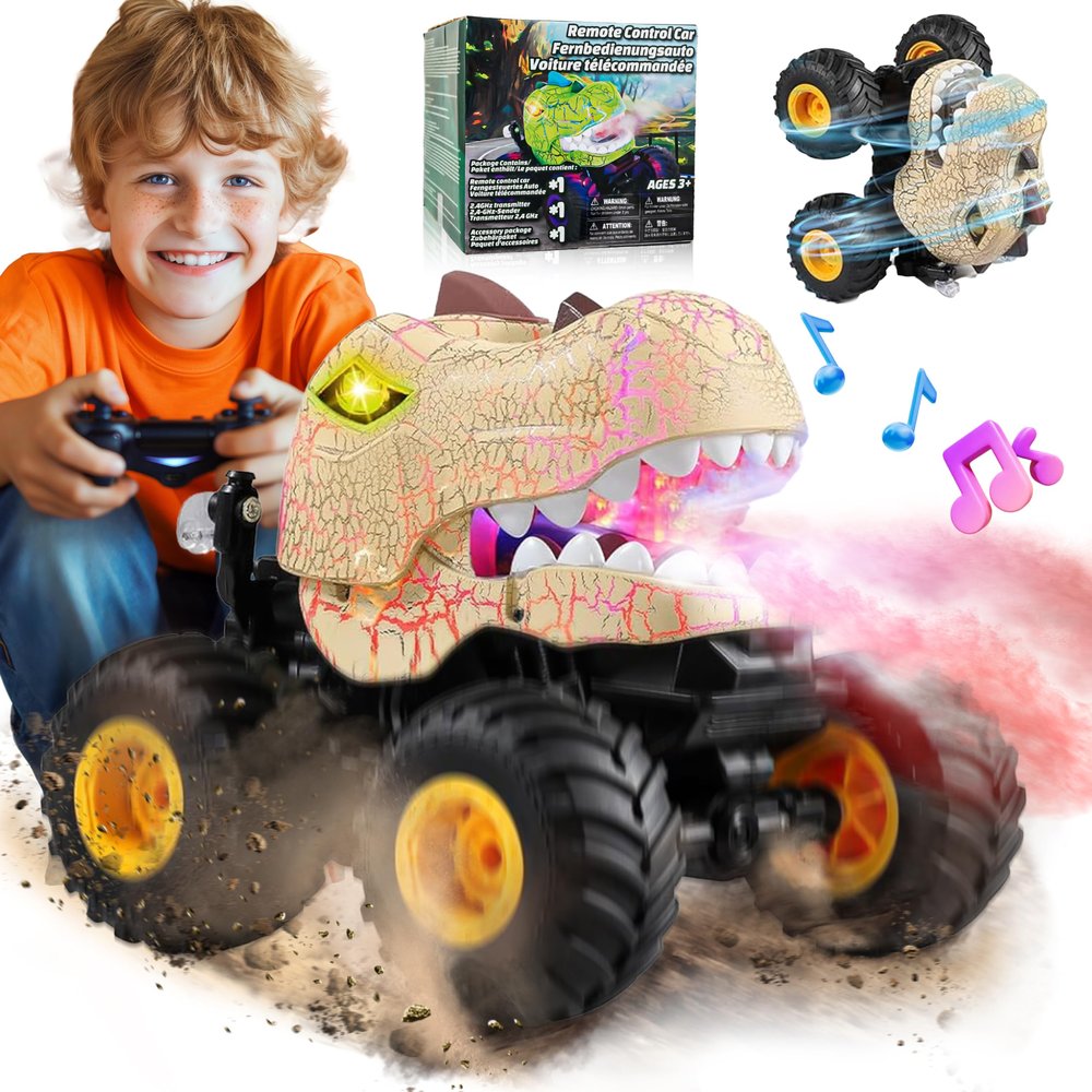 BEZGAR Monster Truck Toys - Remote Control Monster Truck with Spray, Light, Music, Dinosaur Toys for Kids, 1:20 Scale RC Truck with 360 Spins and Drifting, Remote Control Car for Boys 4-7 Golden