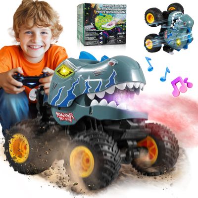BEZGAR Monster Truck Toys - Remote Control Monster Truck with Spray, Light, Music, Dinosaur Toys for Kids, 1:20 Scale RC Truck with 360 Spins and Drifting, Remote Control Car for Boys 4-7 Gray