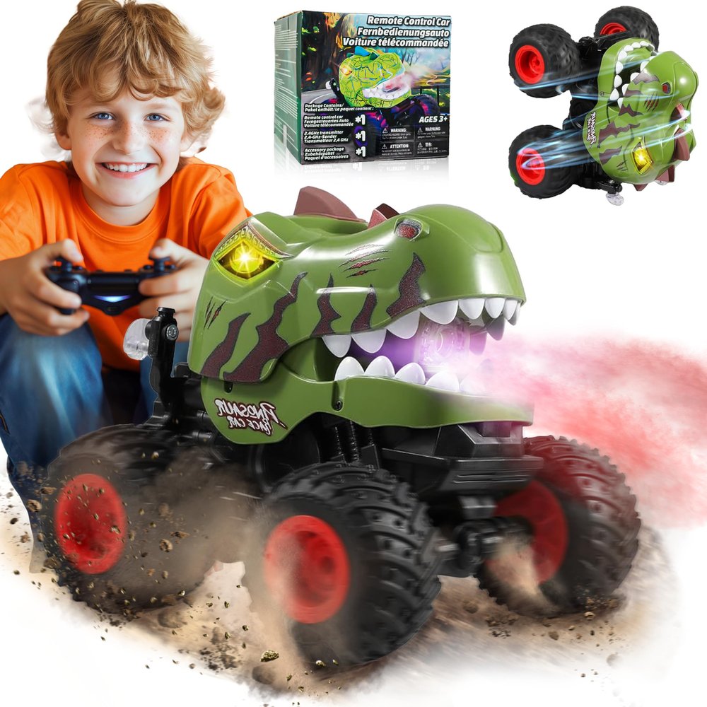 BEZGAR Monster Truck Toys - Remote Control Monster Truck with Spray, Light, Music, Dinosaur Toys for Kids, 1:20 Scale RC Truck with 360 Spins and Drifting, Remote Control Car for Boys 4-7 Camo Green