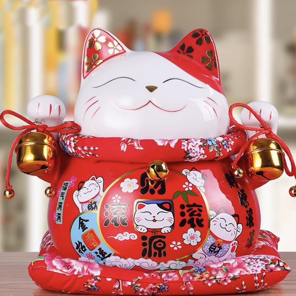10" Ceramic Fortune Cat Ornament Opening Store Cashier Gift Piggy Bank-Red