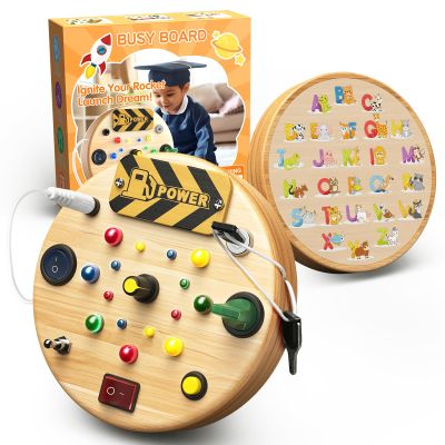 Busy Board, Montessori Toys for 1-6 Year Old, Toddler Switch Board Wooden Sensory LED Light Up Toys with Shape Sorter, Educational Travel Activity Sensory Toys for Fine Motor Skills Development