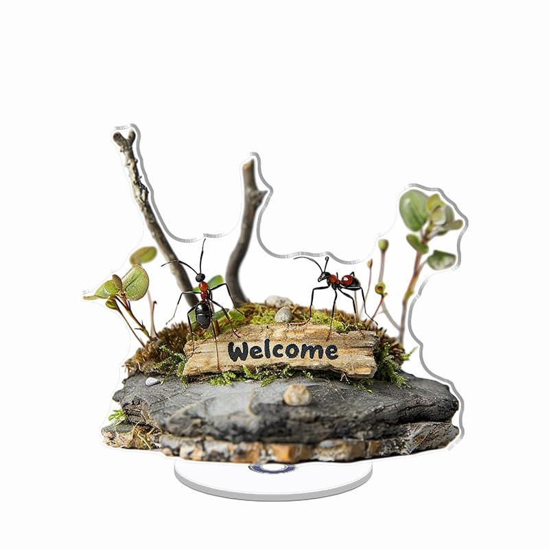 Soulpons 2D Flat Acrylic Rotating Ants On Leaf Welcome Sign for Miniature Forest Decor Home Party Garden with Scratch Resistant and Water Resistant Protective Film