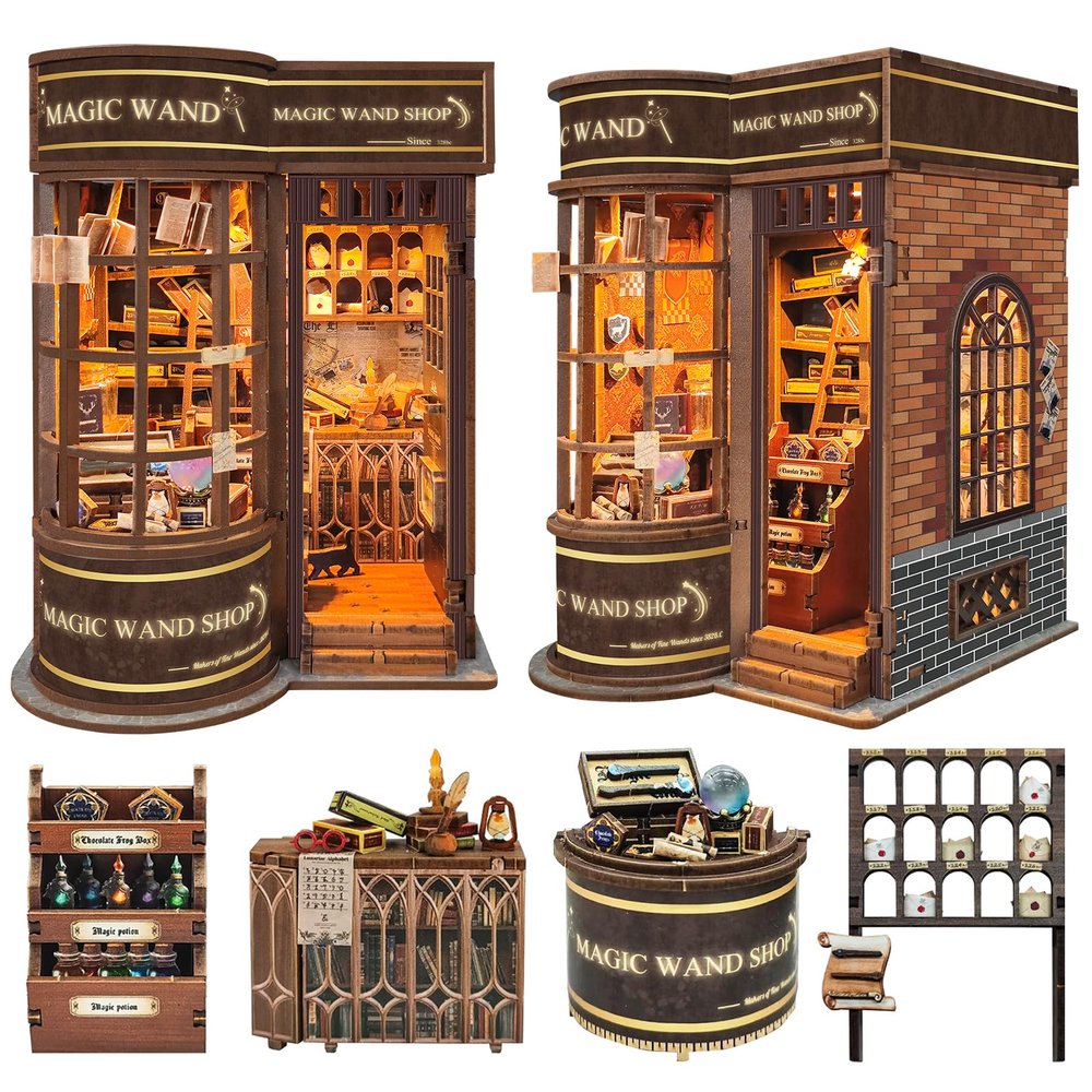 Spilay DIY Miniature Book Nook Kit, Dollhouse Tiny House Model Build Bookshelf Decor, Bookends Model Kit with dust Cover & LED for Teens and Adults Gifts(Magic Shop)