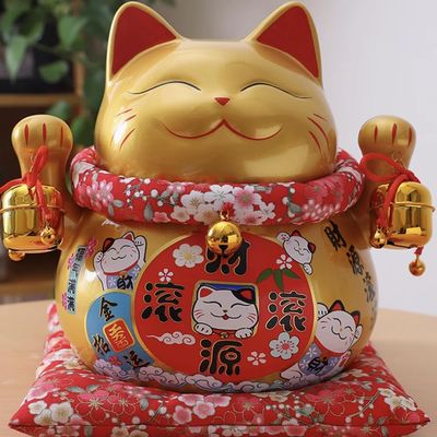 10" Ceramic Fortune Cat Ornament Opening Store Cashier Gift Piggy Bank-Golden
