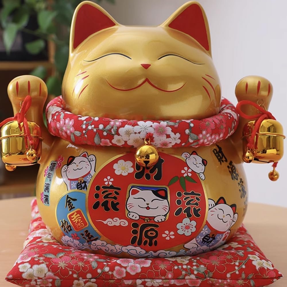 10" Ceramic Fortune Cat Ornament Opening Store Cashier Gift Piggy Bank-Golden
