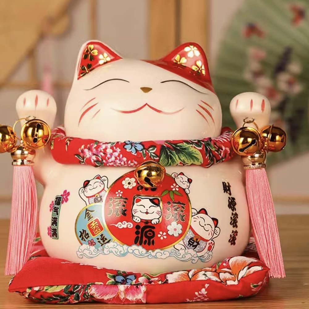 6" Ceramic Fortune Cat Ornament Opening Store Cashier Gift Piggy Bank-White