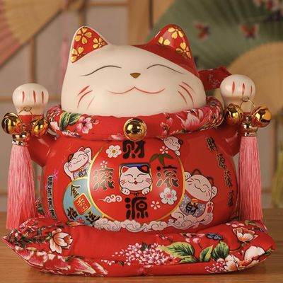 7" Ceramic Fortune Cat Ornament Opening Store Cashier Gift Piggy Bank-Red