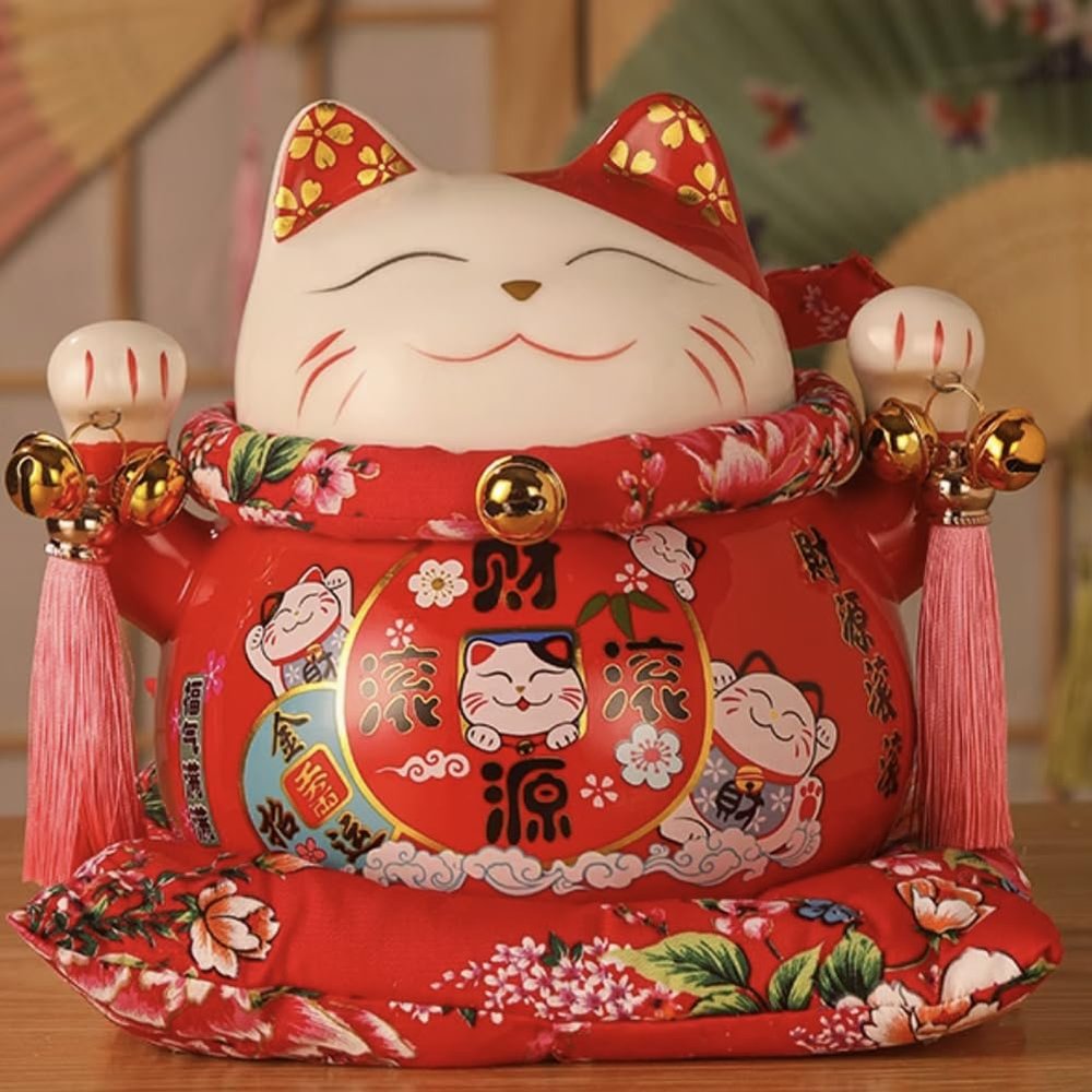 7" Ceramic Fortune Cat Ornament Opening Store Cashier Gift Piggy Bank-Red