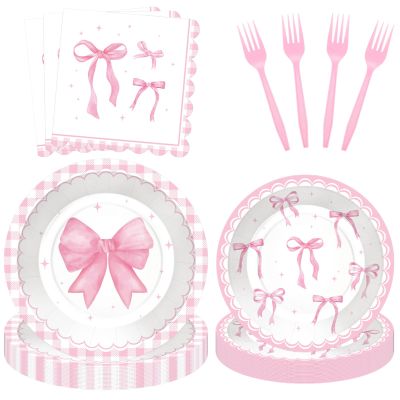 100 Pcs Pink Ribbon Bow Party Supplies Set - Serves 25, Watercolor Disposable Tableware, Includes Paper Plates, Napkins, Forks for Wedding, Bachelorette, Birthday, Girls Coquette-Style Themed Favors