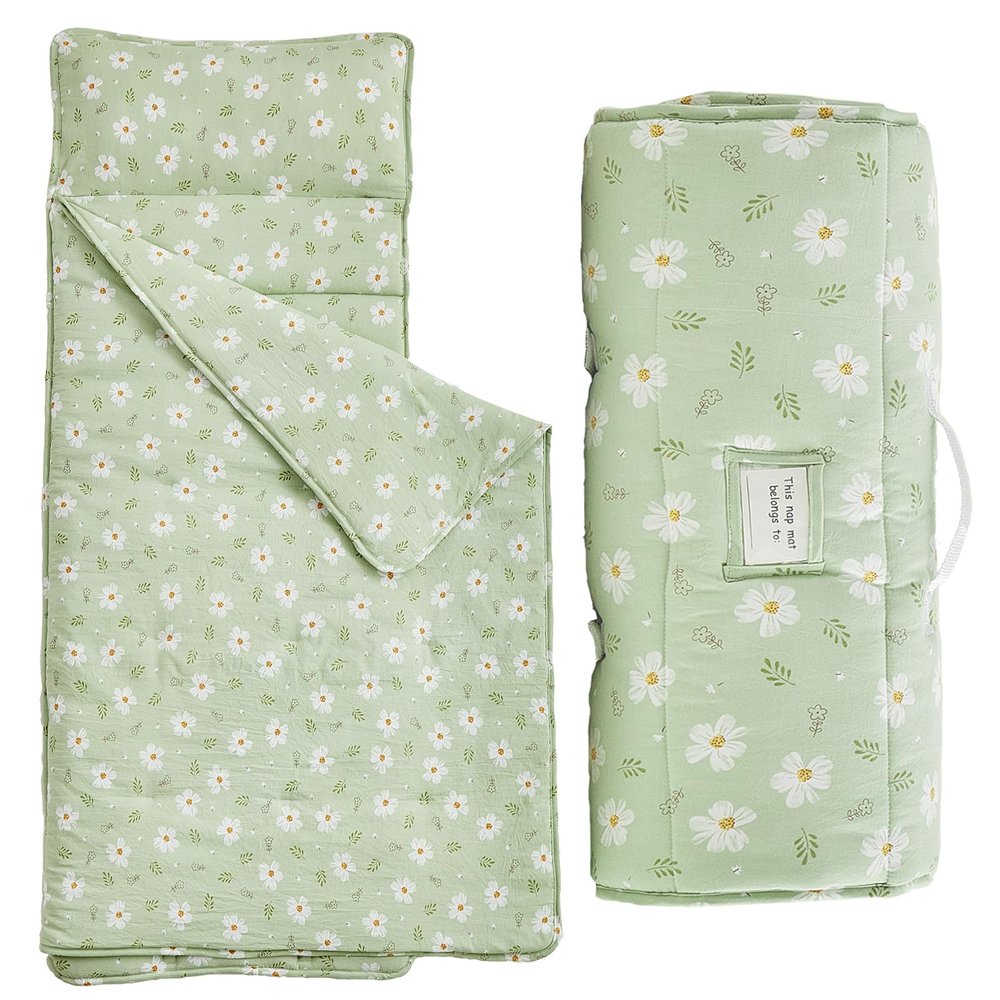 Toddler Nap Mat with Pillow and Blanket,Soft Slumber Bags for Girls,Kids Sleeping Bags with Roll Up Design,Green Floral Nap Mats for Preschool,Daycare,Kindergarten,Fits Ages 3-6 Years Old-Green