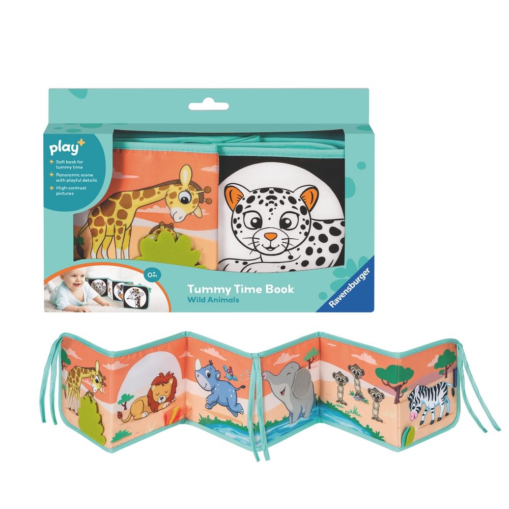 Ravensburger Play+ Tummy Time Book - Wild Animals | Dual-Sided Baby Book | Encourages Early Sensory Development