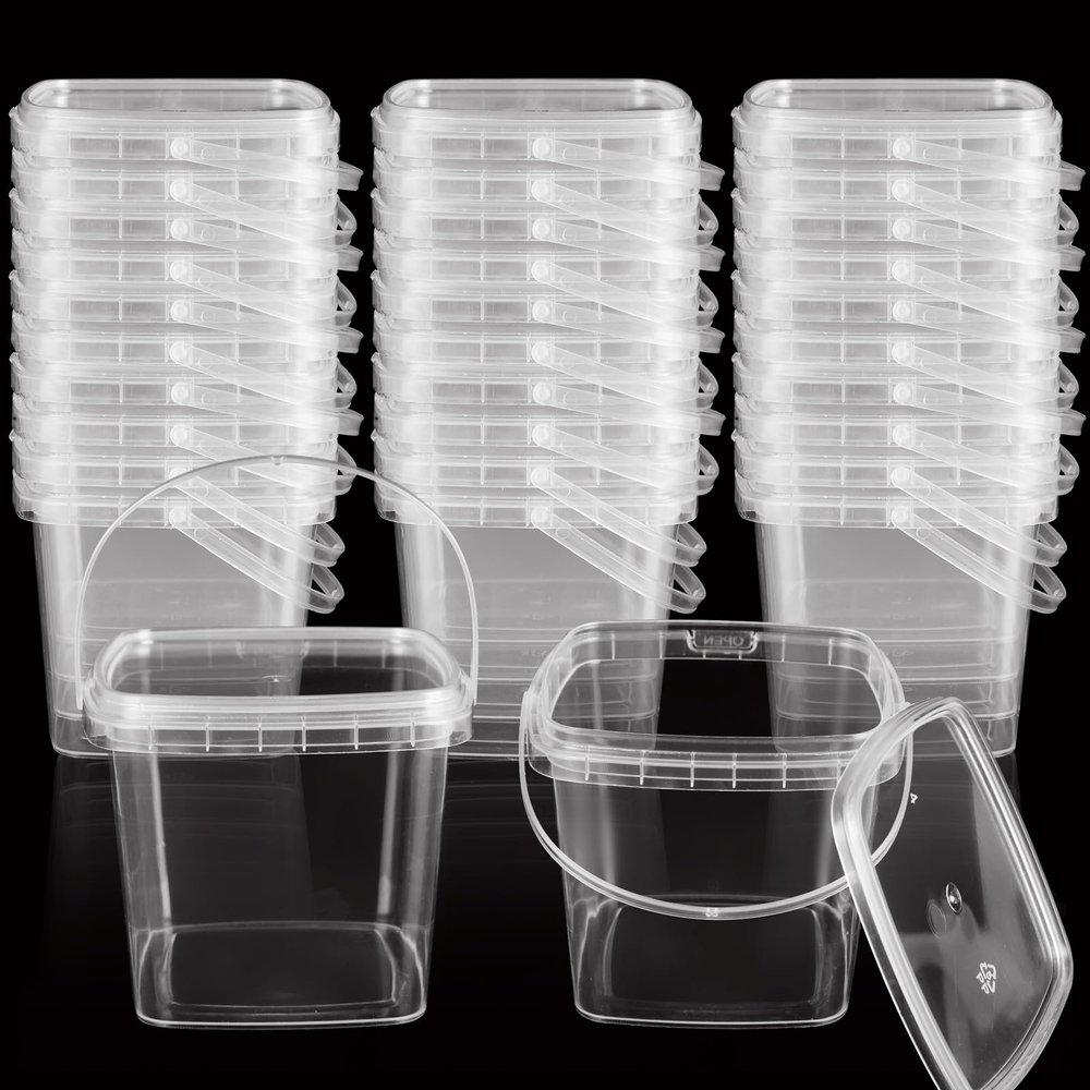 50PCS 10 oz Slime Containers with Lids and Handles, Plastic 300ml Storage Bucket Containers, Clear Empty Slime Buckets for Slime DIY Slime, Art Craft, Pigment, Small Tools, Part Material