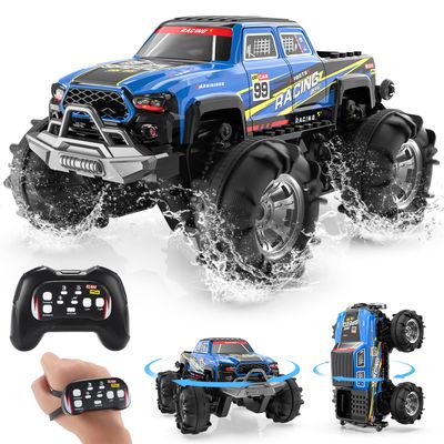 DEERC BG028 Amphibious RC Monster Truck/Boat, IPX7 Waterproof Remote Control Car W/Gesture Sensing Control, 2.4GHz 4WD RC Car W/ 360Rotation,LED Light,40mins Play RC Truck Toys for Kids Boys 6-12