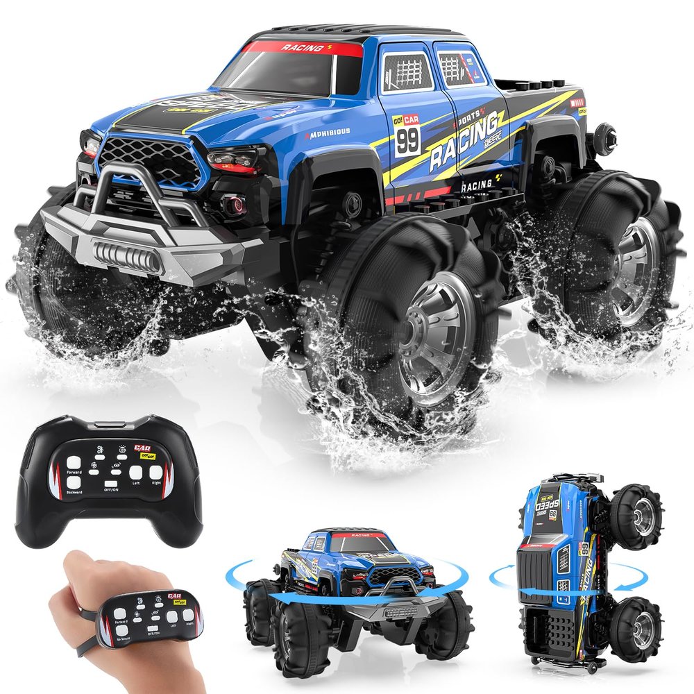 DEERC BG028 Amphibious RC Monster Truck/Boat, IPX7 Waterproof Remote Control Car W/Gesture Sensing Control, 2.4GHz 4WD RC Car W/ 360Rotation,LED Light,40mins Play RC Truck Toys for Kids Boys 6-12
