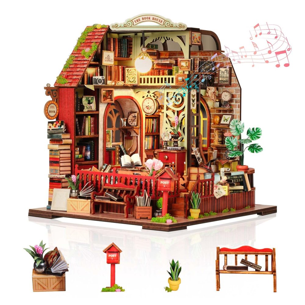 Foyucool DIY Miniature House Kit, Dollhouse Kit with Music and LED Light, Mini House Building Kits for for Adult to Building, Christmas Home Decorations Gifts for Family and Friends, Bookhouse