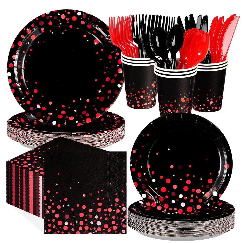 Grencian 168 Pcs Red and Black Birthday Party Decorations, Serves 24