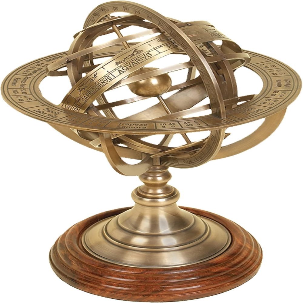 "Antique Brass Zodiac Armillary  5'' Engraved Celestial Globe with Wooden Base | Nautical Decor"