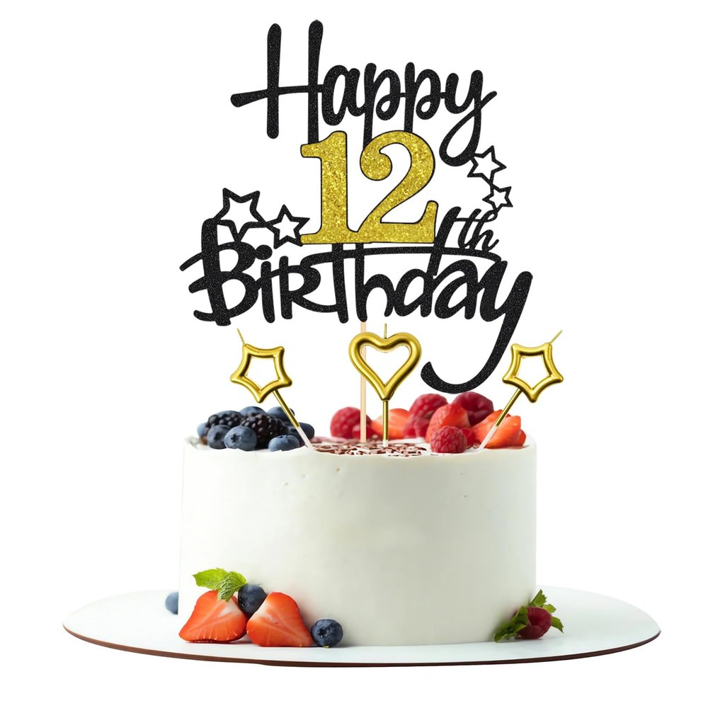 12th Birthday Cake Decoration, Heart Star Birthday Candle Glitter Cake Topper for Birthday Anniversary Theme Party Cake Bunting Decor Supplies