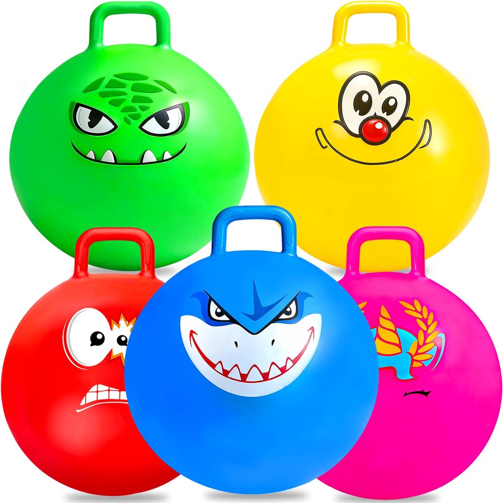 Hymaz 5 Pcs Hopper Ball Carnival Outdoors Jumping Hopping 18 Inch Bouncing Ball with Handle and Air Pump for Kids Sports School Ride Games Balance Exercise Fun