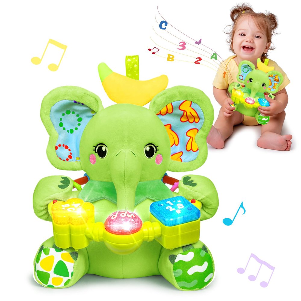 Holaxander Baby Elephant Musical Stuffed Animals Toy with Light-Up Music & Crinkle Sound Paper,Infant Bilingual Early Learning Education Toys,Tummy Time Toys for 0-3-6-12+ Months Boy Girl, Green