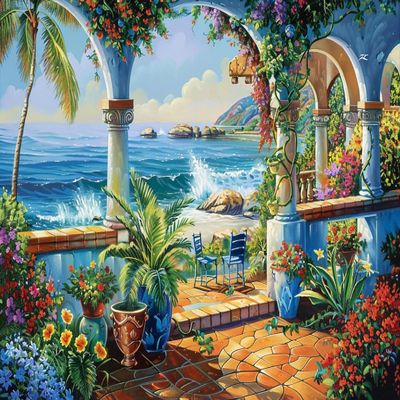1000 Piece Adult Jigsaw Puzzle of Flower House by The Sea, Sea Scenery, Adult Colourful Flower Art, Home Decoration