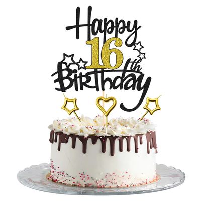 16th Birthday Cake Decoration, Heart Star Birthday Candle Glitter Cake Topper for Birthday Anniversary Theme Party Cake Bunting Decor Supplies