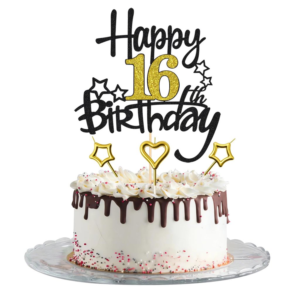 16th Birthday Cake Decoration, Heart Star Birthday Candle Glitter Cake Topper for Birthday Anniversary Theme Party Cake Bunting Decor Supplies