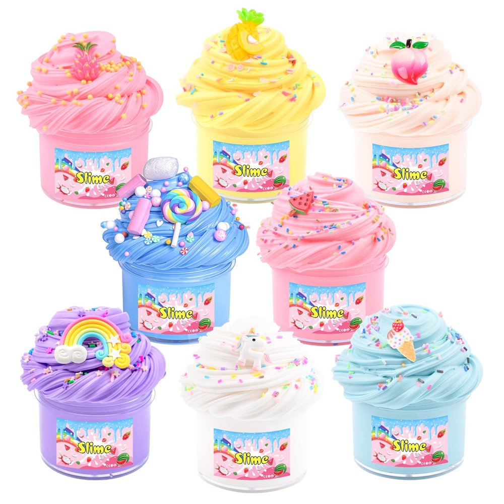 8 Pack Butter Slime Kit for Kids, Scented Butter Slime Party Favors with Peach, Unicorn, Rainbow Charms, Birthday Gifts for Girl Boys, Stretchy and Non-Sticky, Super Soft DIY Stress Relief Toy
