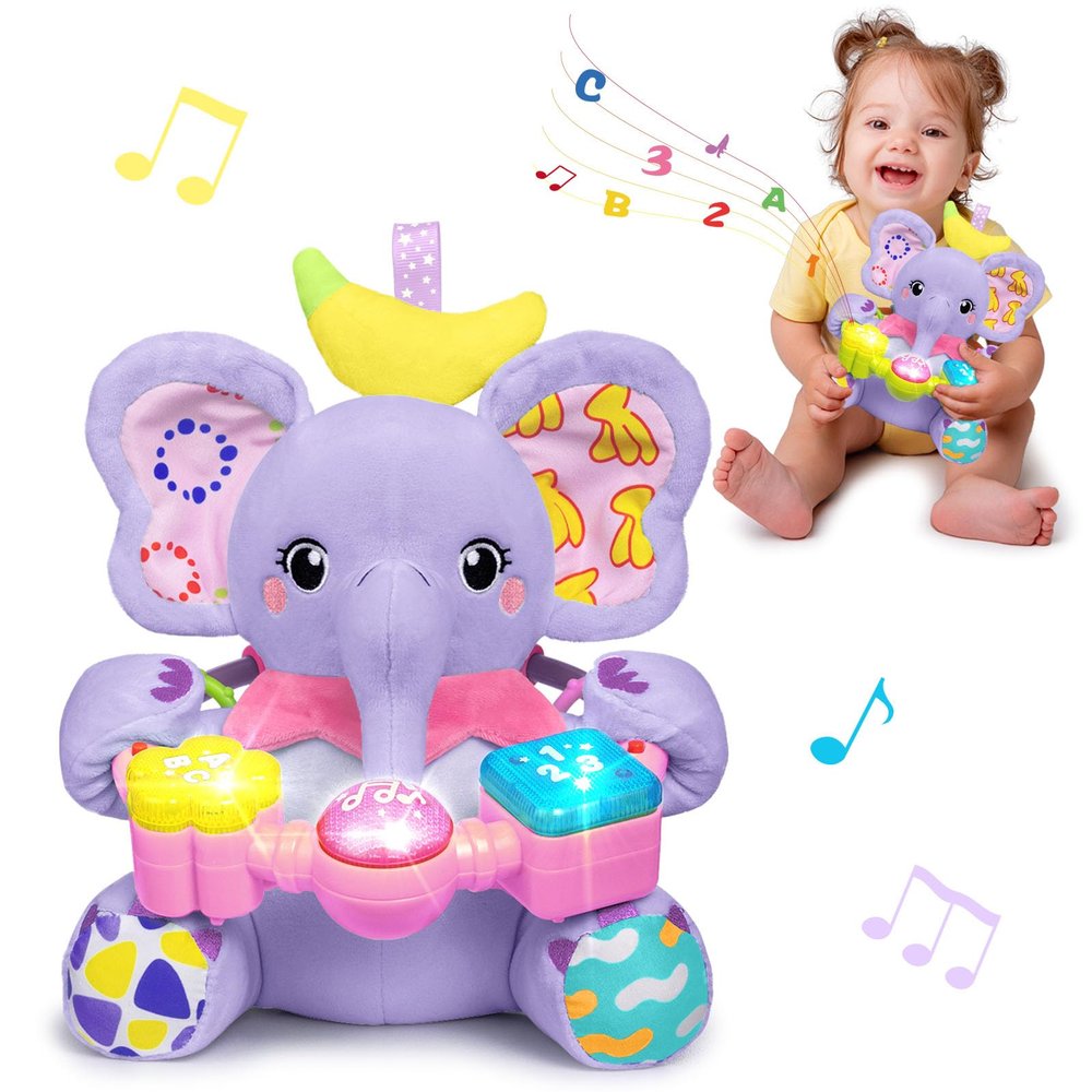 Holaxander Baby Elephant Musical Stuffed Animals Toy with Light-Up Music & Crinkle Sound Paper,Infant Bilingual Early Learning Education Toys,Tummy Time Toys for 0-3-6-12+ Months Boy Girl, Purple