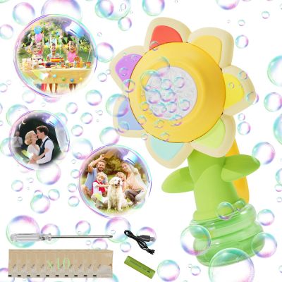 Flower Bubble Machine for Kids, Rechargeable Automatic Flower Bubble Toy with LED Lights & 10 Refill Solutions, Fun Swing Dance Bubble Maker Blower for Outdoor Summer Play (Yellow)
