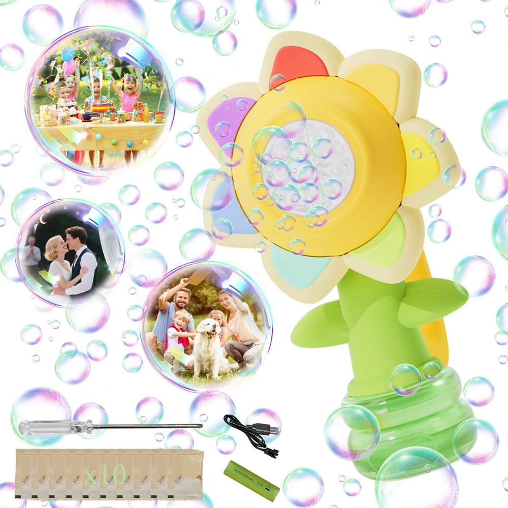 Flower Bubble Machine for Kids, Rechargeable Automatic Flower Bubble Toy with LED Lights & 10 Refill Solutions, Fun Swing Dance Bubble Maker Blower for Outdoor Summer Play (Yellow)