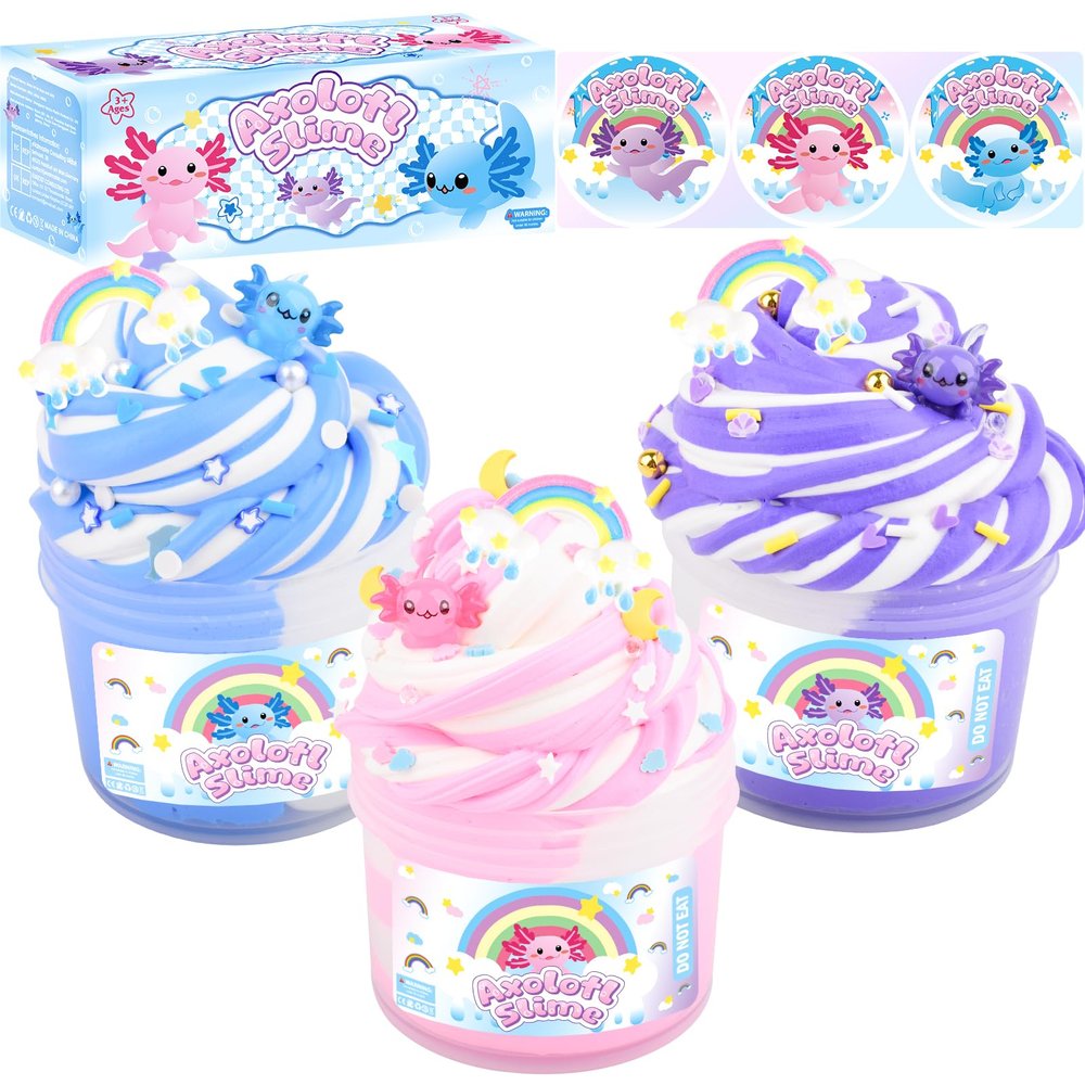 3 Pack Scented Axolotl Butter Slime Kit - Pink Blue Purple Colorful Axolotl Slime Toy, Super Soft Texture Non-Sticky, Birthday Gifts for Kids, Party Favors for Girls and Boys(3x100ml)