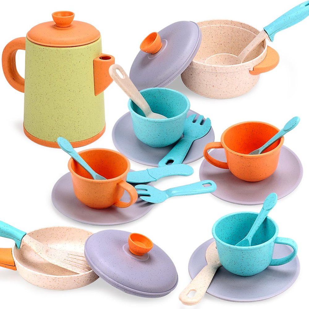 Kids Pretend Play Kitchen Set, Toy Cookware & Tea Set with Pots, Cups & Utensils, Montessori Role Play Toy for Toddlers Girls Boys Ages 36
