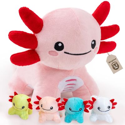 AmyToo Axolotl Stuffed Animals, Mommy Axolotl Plush with Baby, 5 Pcs Plush Toy for Girl Boy, Birthday Valentine's Gifts for Girlfriend, Kids, Toddler, Age 3-8, Pink