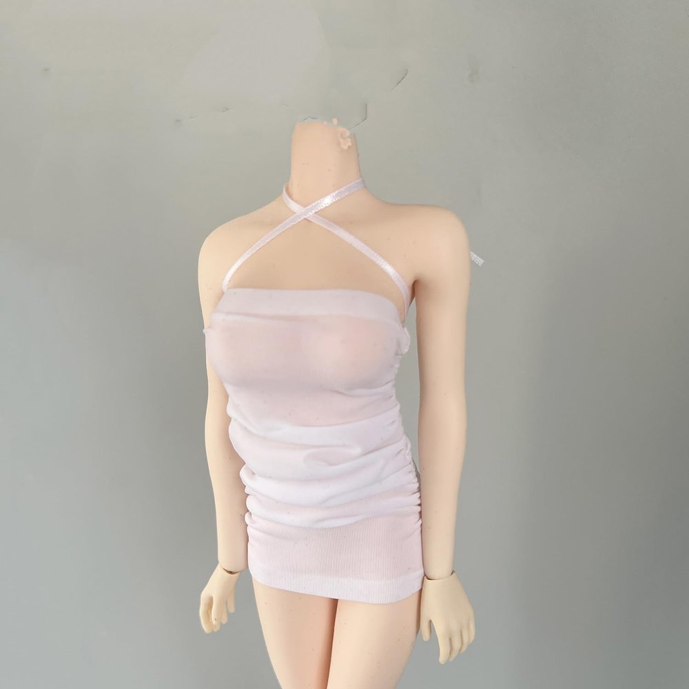 1/6 Scale Female Clothes, Ruffled Halter Crossover Dress for 12-inches Action Figure Body, 1/6 Female Doll Costume Tight-Fitting Skintight Thin Short Hip Skirt Dress Clothing (White)