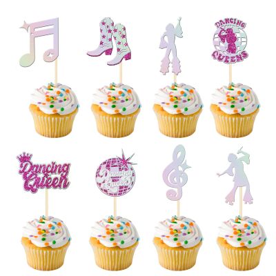 16PCS Dancing Queen Cupcake Toppers Glitter Music Note, Singer, Dancer Picks for Vintage 70s Disco, Disco Ball Music Theme Wedding or Birthday Party Decorations