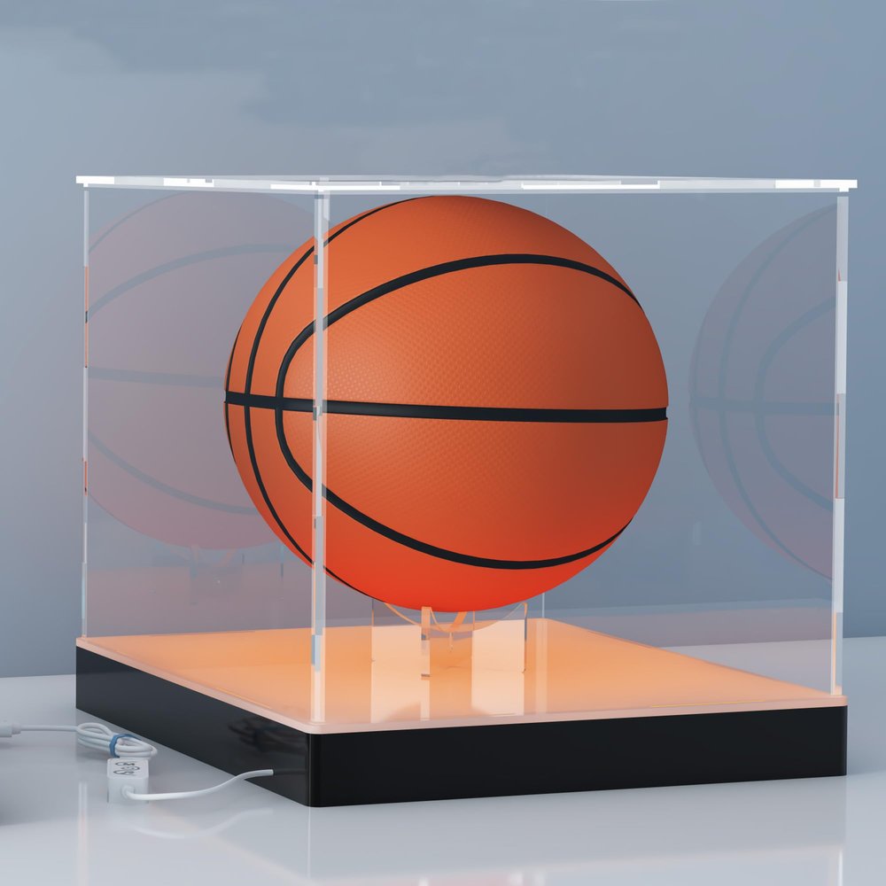 12'' Acrylic Display Case with RGB LED Lighted Base & Ball Holder, App & Controller, 16 Million Colors, Music Sync & Timer, Showcase Fullsize Basketball, Football, Mini Helmet, Collectibles