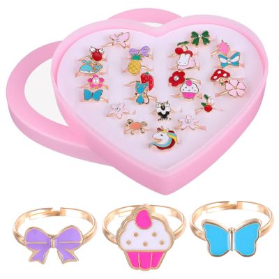 JOINPAYA 24pcs Girls Jewelry Collection Cartoon Rings Adjustable Ring Storage Box for Boys and Girls